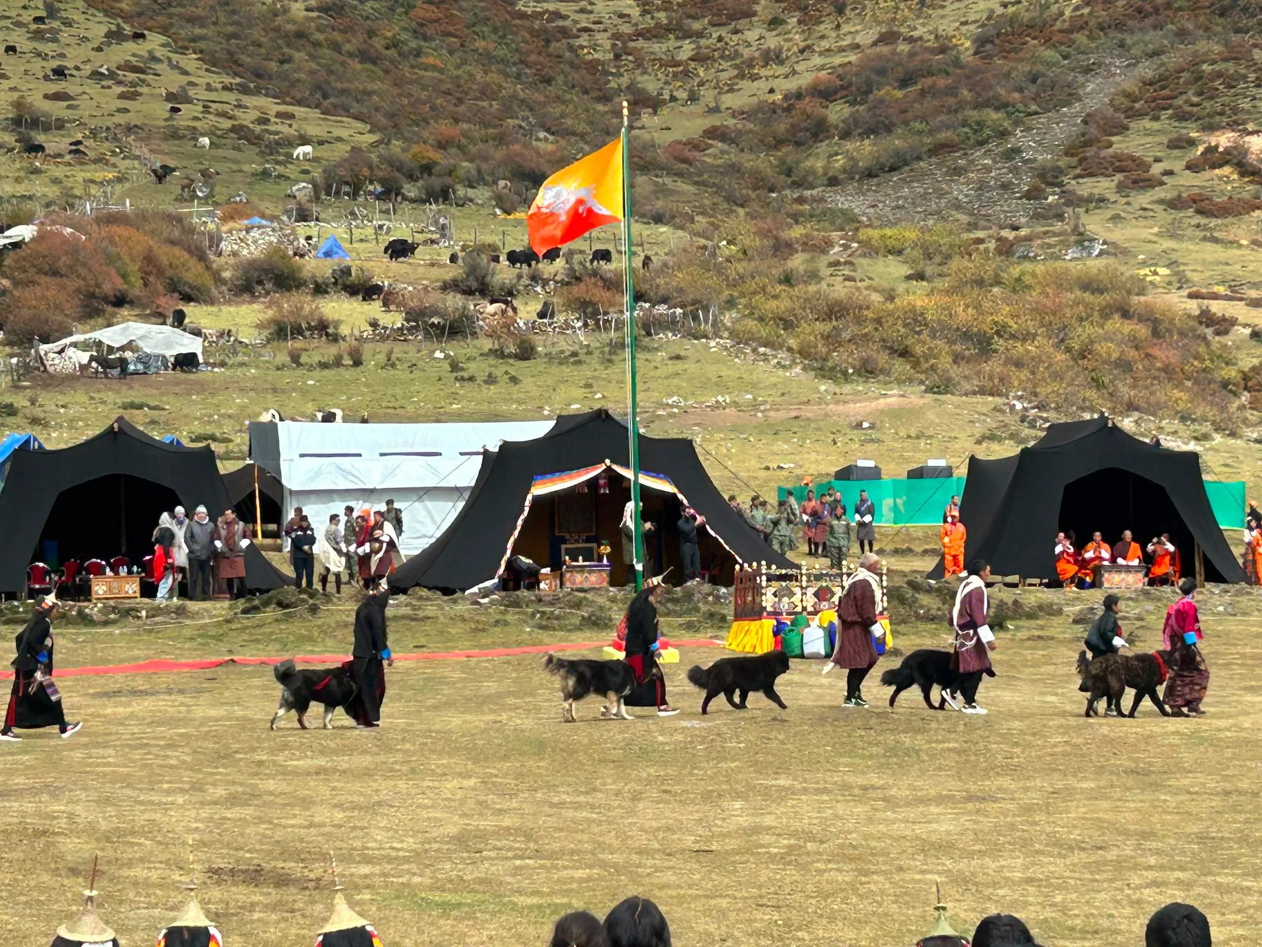 A highland nomad festival with black yak-hair tents and the Bhutan flag