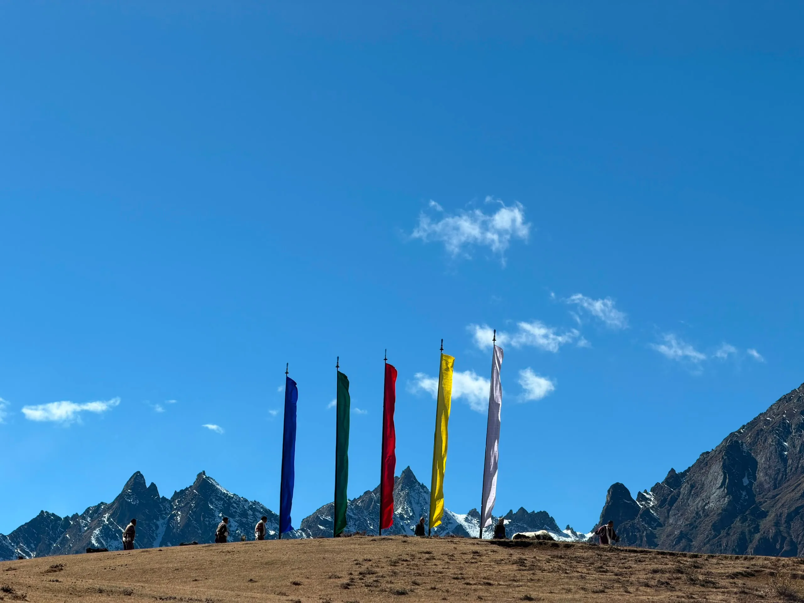 Five Bhutanese prayer flags on a ridge below snow-capped peaks