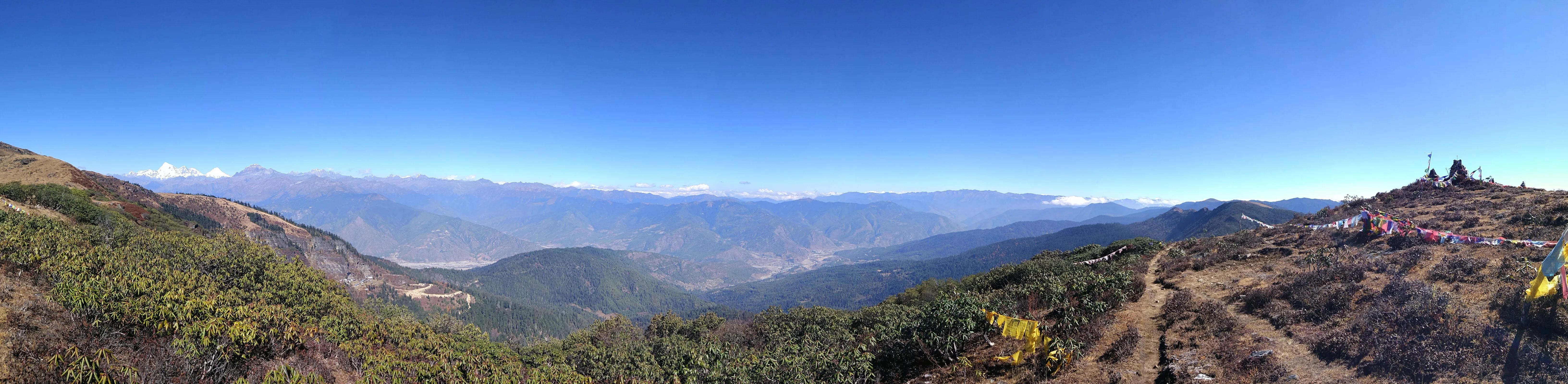 A panorama of snow-capped Himalayan peaks above forested Bhutanese ridges
