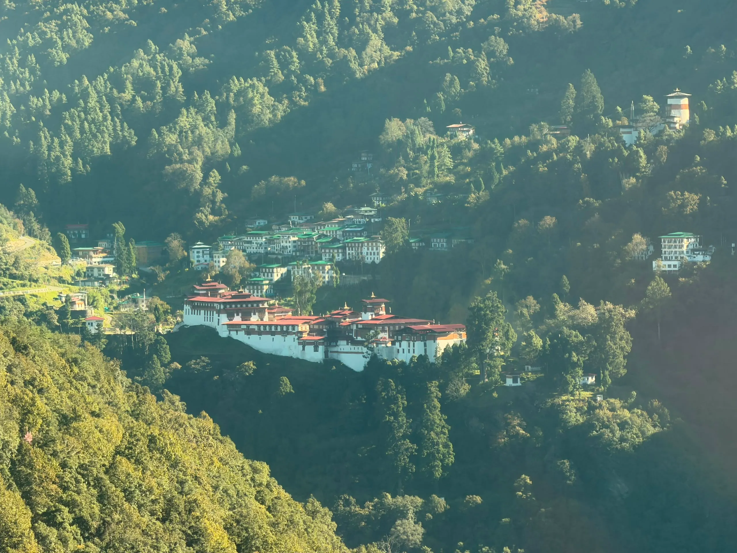 Trongsa Dzong on a forested ridge in central Bhutan