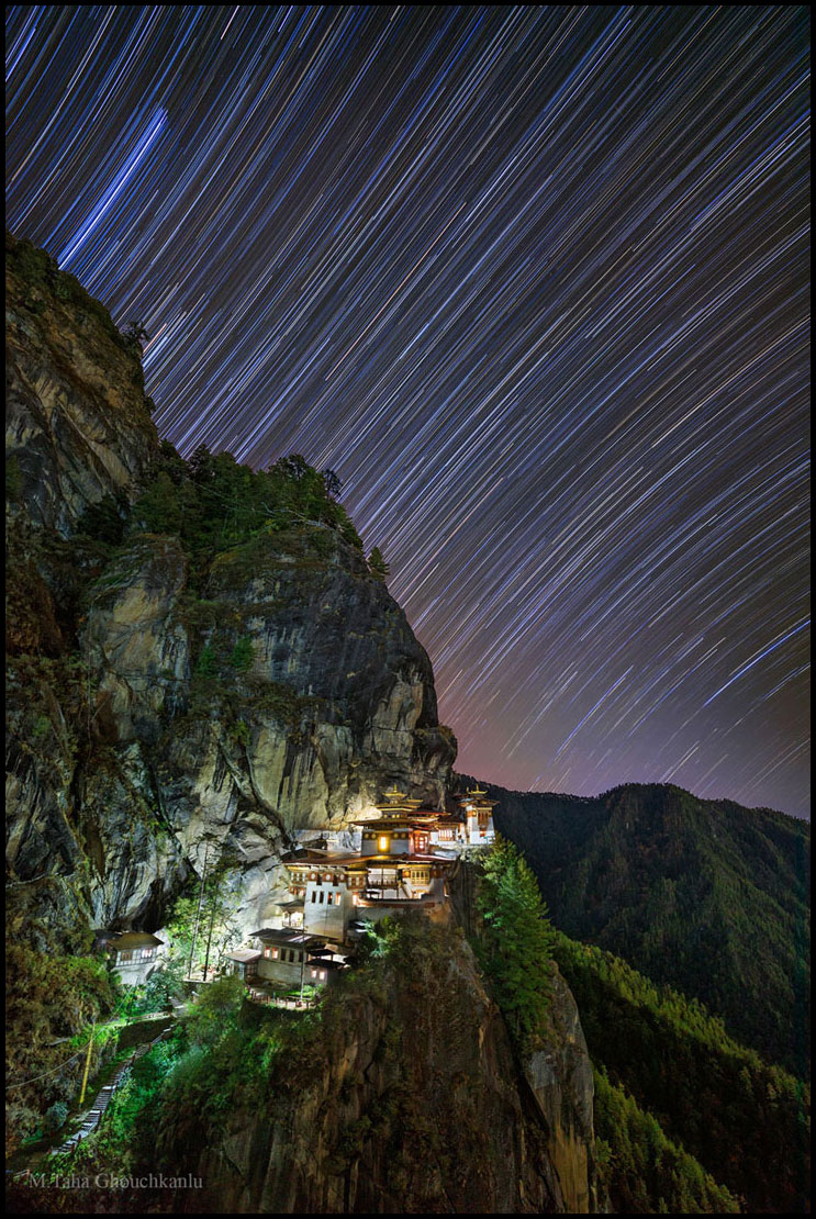 Paro Taktsang under star trails at night